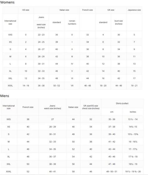 emporio armani size guide.